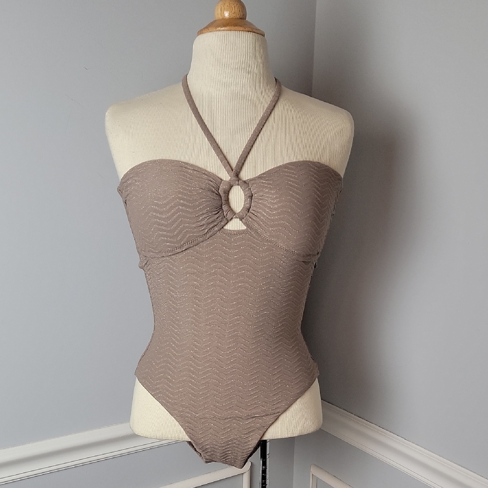 TRINA TURK Empire‎ Bandeau Sandstone Taupe Halter 1 Piece Glam Designer Swimsuit